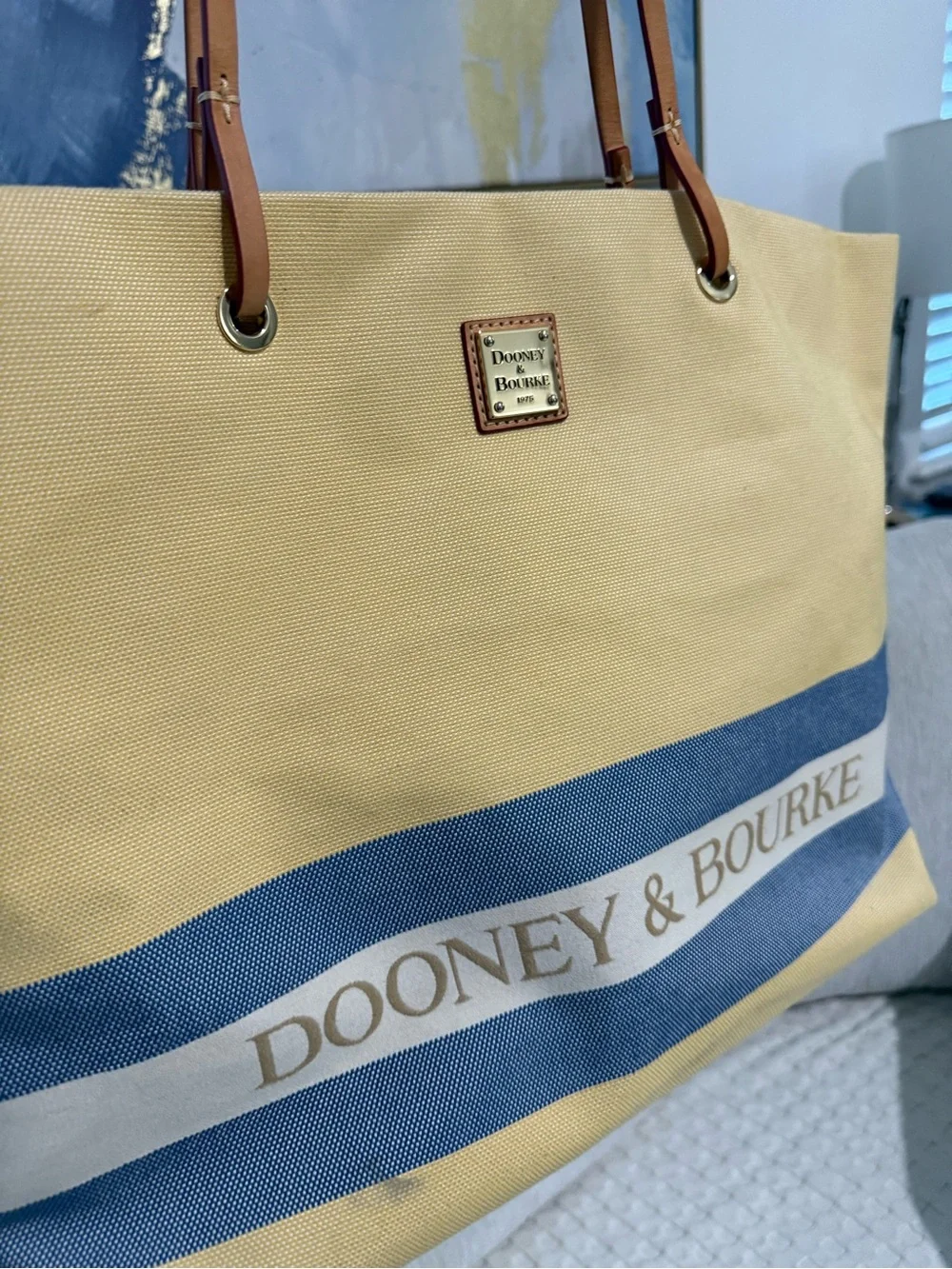 Dooney & Bourke Yellow Canvas Tote with Blue & Cream Stripes
